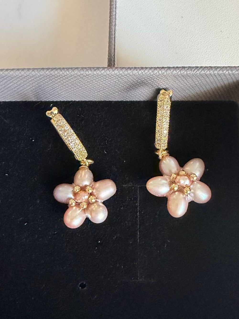 Handmade Freshwater pearls huggie earrings with Pink Pearl Flower Charms